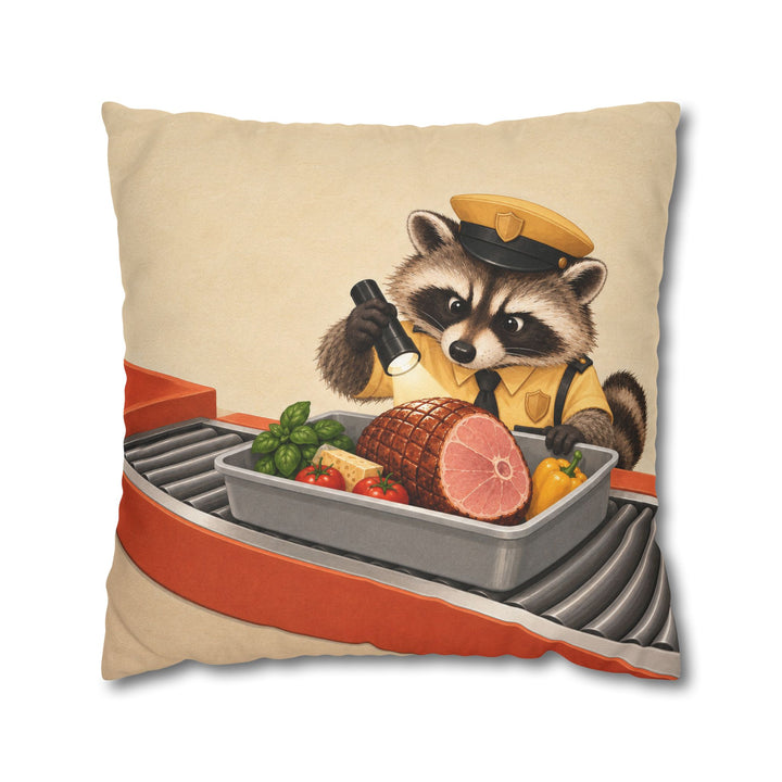 Snack Customs – Funny Kitchen Art with a Raccoon Inspecting Groceries – Pillow / Cover