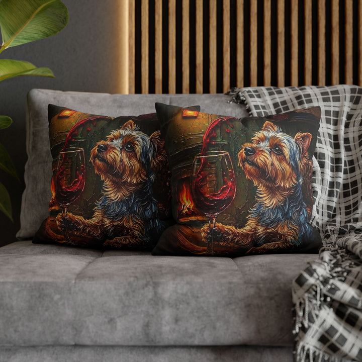 "Wine & Woof" - Yorkie Throw Pillow - Dog Lover Home Decor