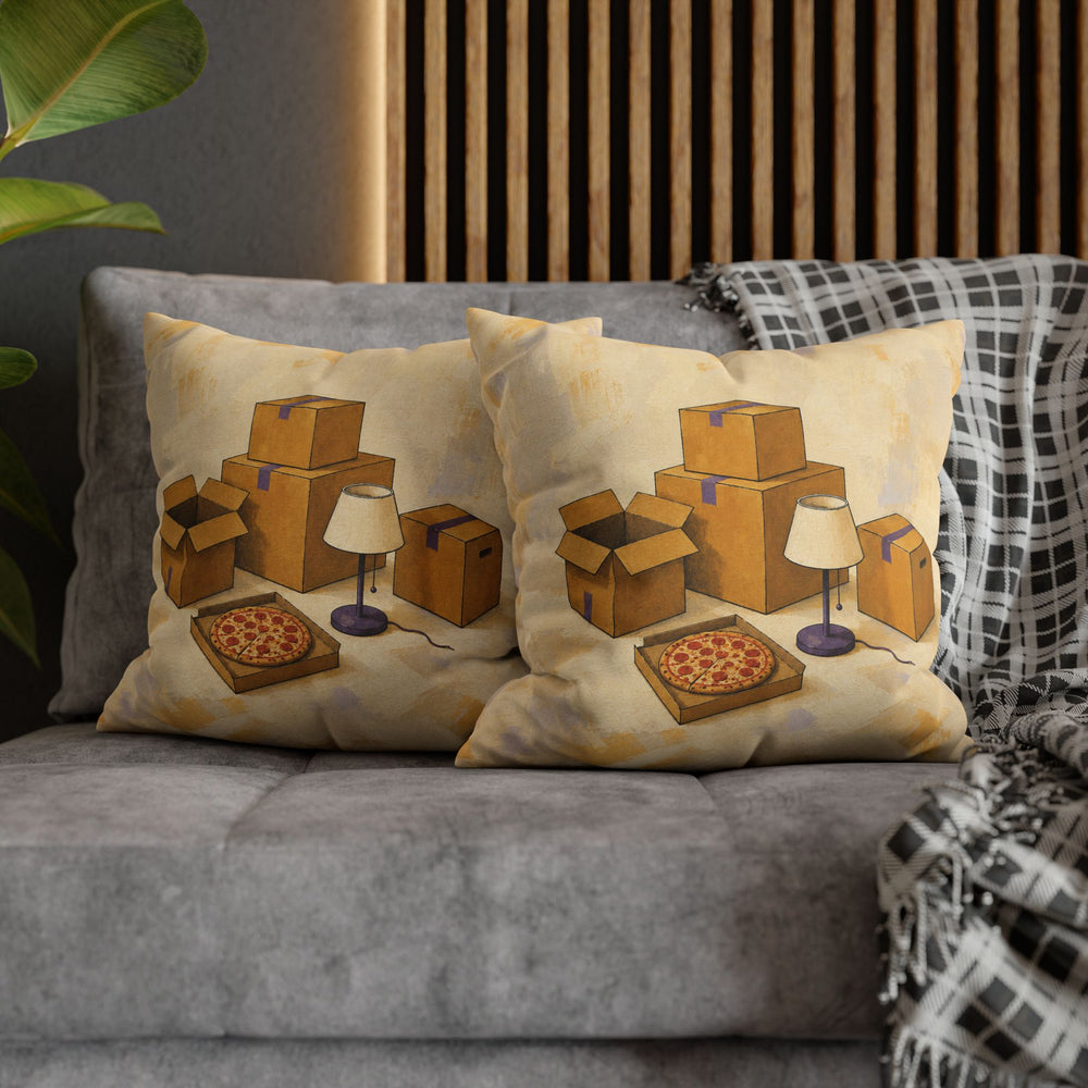 Sold: First Night – Apartment Wall Art with One Lamp and Floor Pizza – Pillow / Cover
