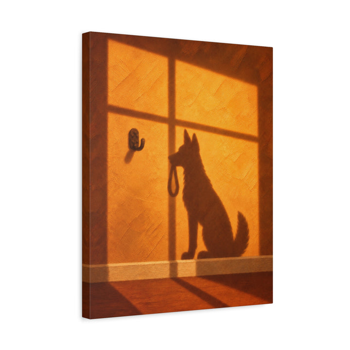 Any Minute Now – Dog Wall Art with an Amber Wall and Hard Shadows – Canvas / Framed Canvas