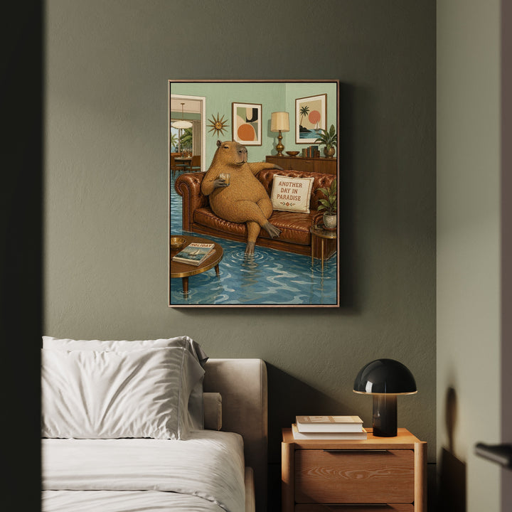 "Another Day in Paradise" - Capybara Vertical Framed Canvas - Dark Burnout Humor Wall Art