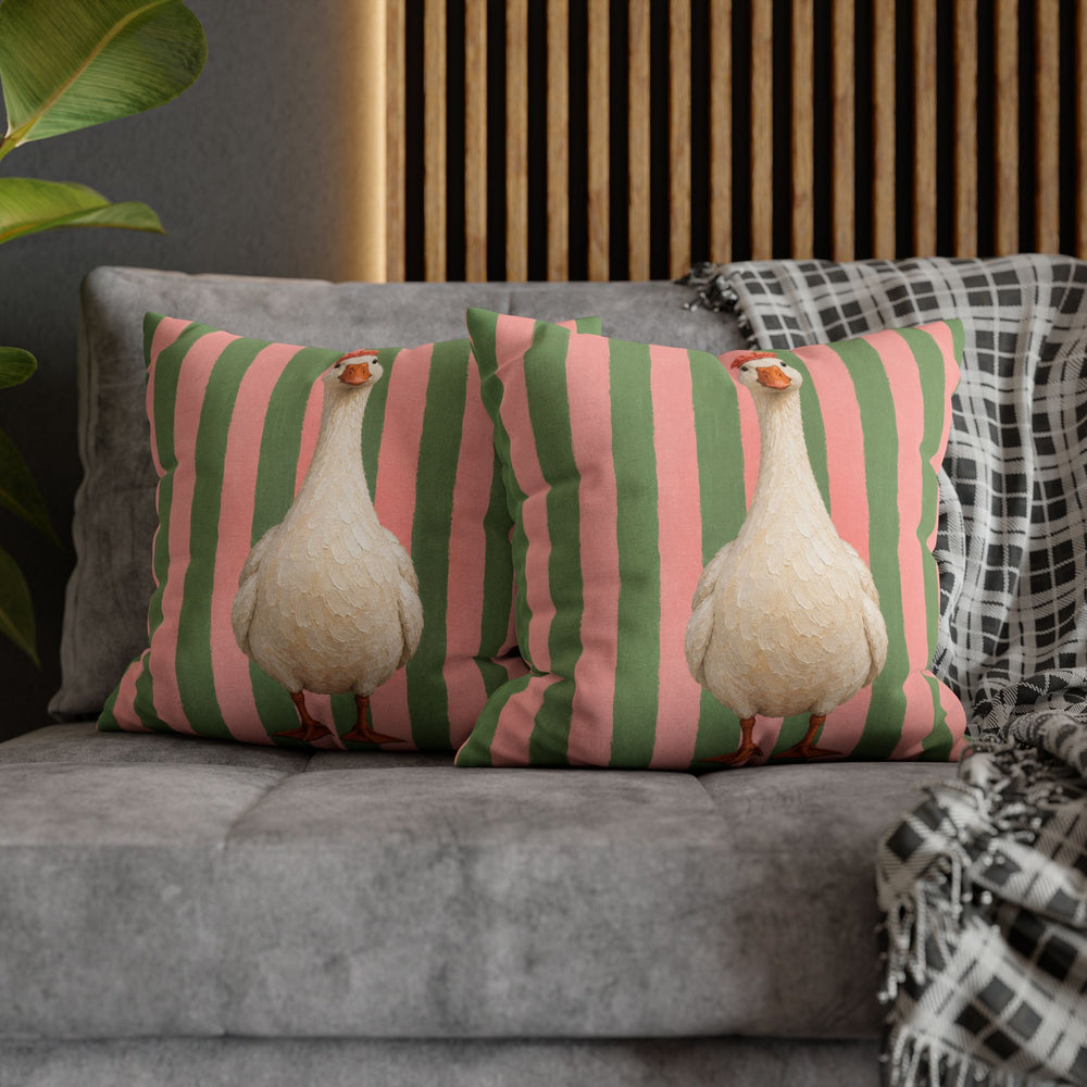 Sunday Best – Goose Art with a Shower Cap on Pink Sage Stripes – Pillow / Cover