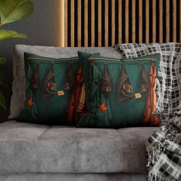 Bat Coat Check – Halloween Wall Art with Upside Down Guests on a Rack – Pillow / Cover