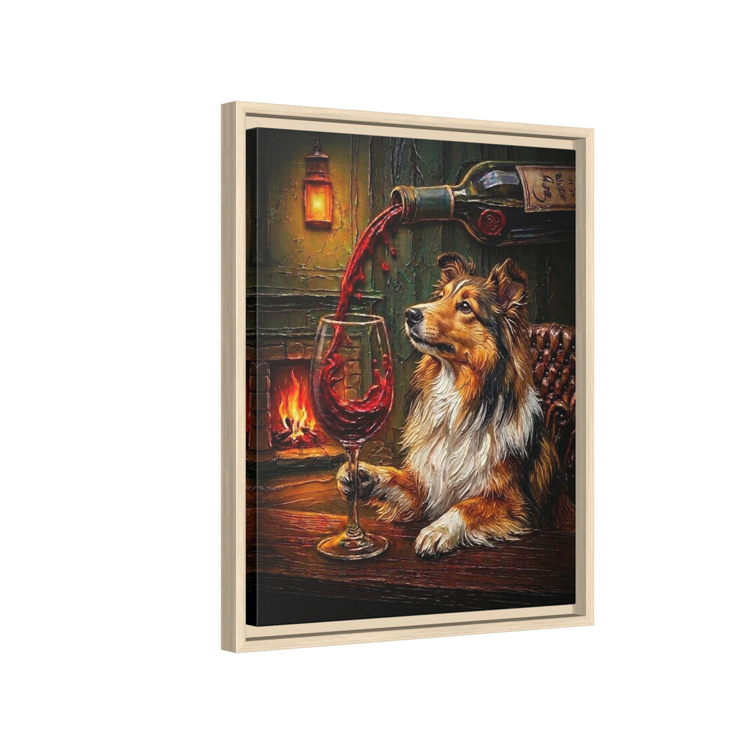 "Wine & Woof" - Shetland Sheepdog Vertical Framed Canvas - Dog Lover Wall Art