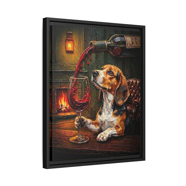 "Wine & Woof" - Beagle Vertical Framed Canvas - Dog Lover Wall Art