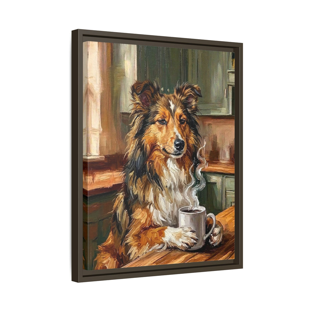 "Before Coffee" - Shetland Sheepdog Vertical Framed Canvas - Dog Lover Wall Art