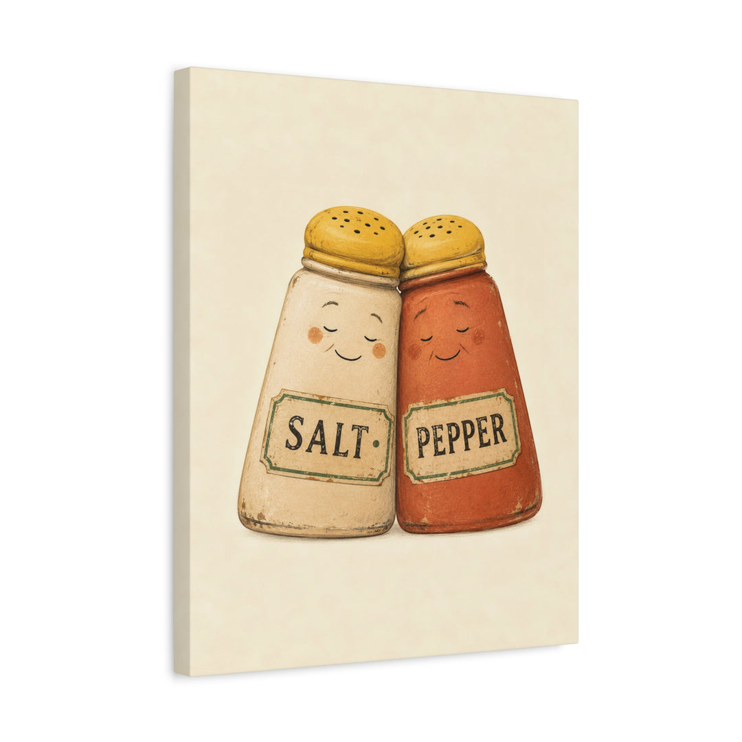 Salt & Pepper, Married 40 Years – Kitchen Art with Two Shakers Leaning Together – Canvas / Framed Canvas