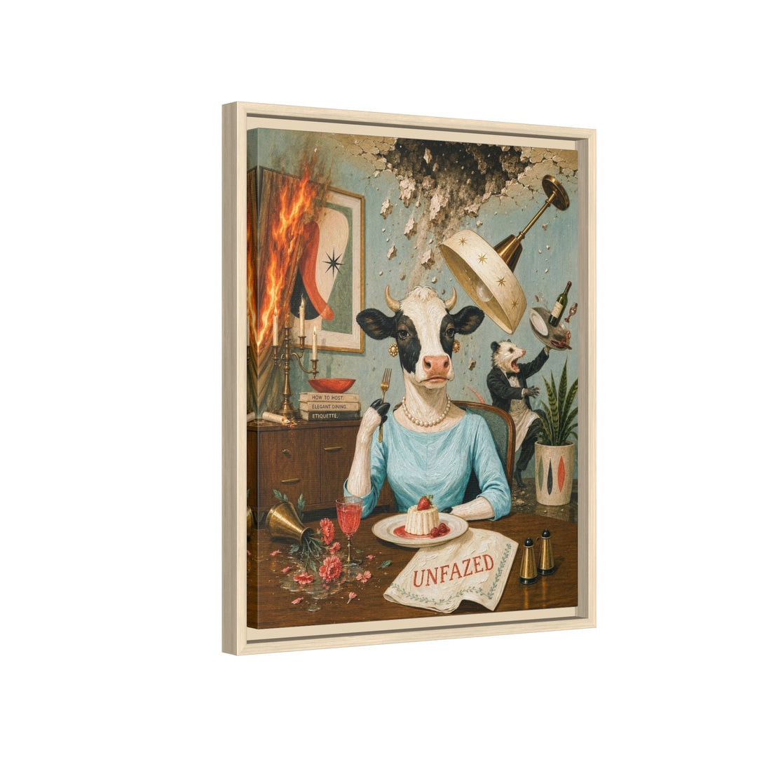 "Unfazed" - Cow Vertical Framed Canvas - Dark Burnout Humor Wall Art