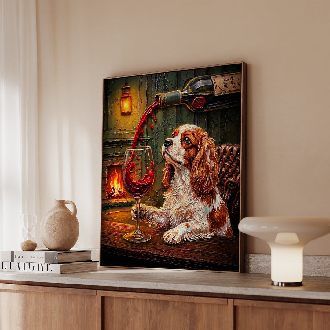 Cavalier King Charles Wine & Woof Framed Canvas