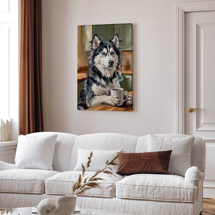 "Before Coffee" - Husky Vertical Canvas - Dog Lover Wall Art