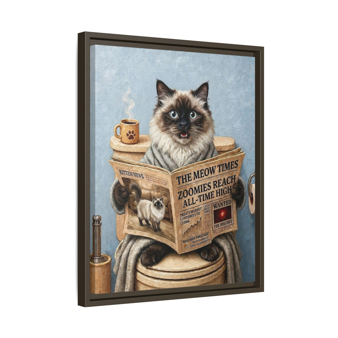 "Morning Business" - Fluffy Colorpoint Vertical Framed Canvas - Cat Lover Wall Art