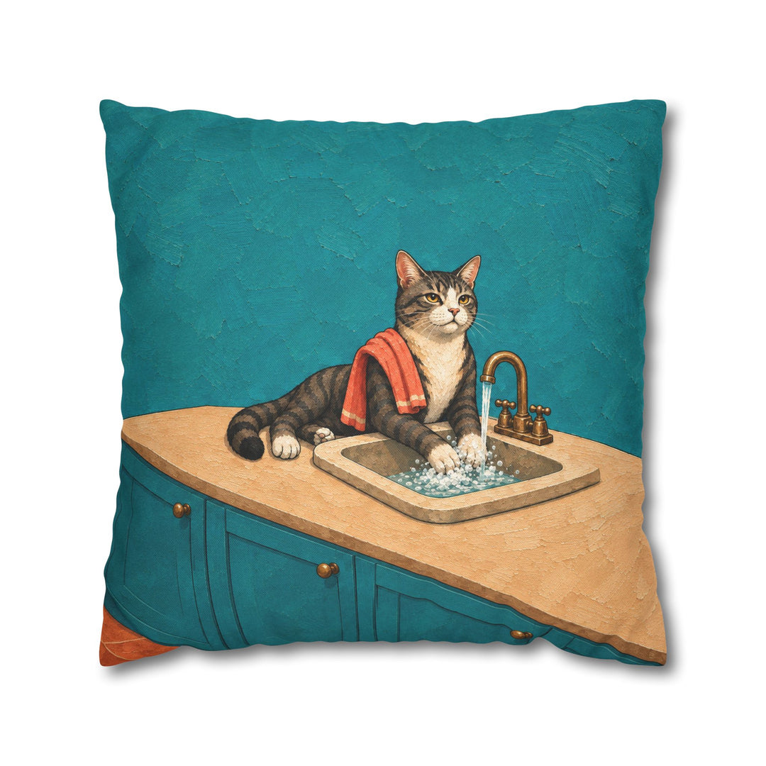 Wash Your Paws – Cat Bathroom Art with a Sink Side Scrub – Pillow / Cover