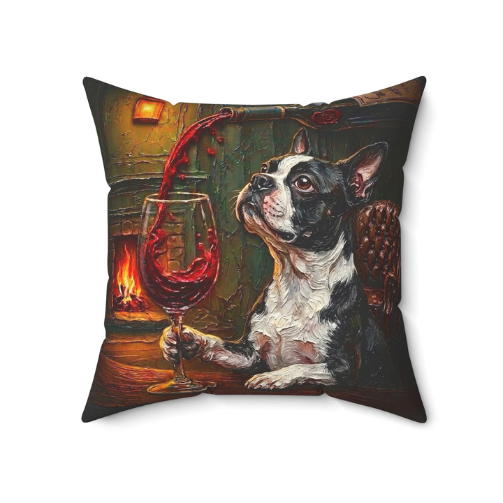 "Wine & Woof" - Boston Terrier Throw Pillow - Dog Lover Home Decor