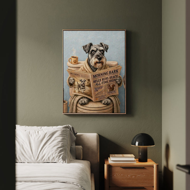 "Morning Business" - Schnauzer Vertical Framed Canvas - Dog Lover Wall Art