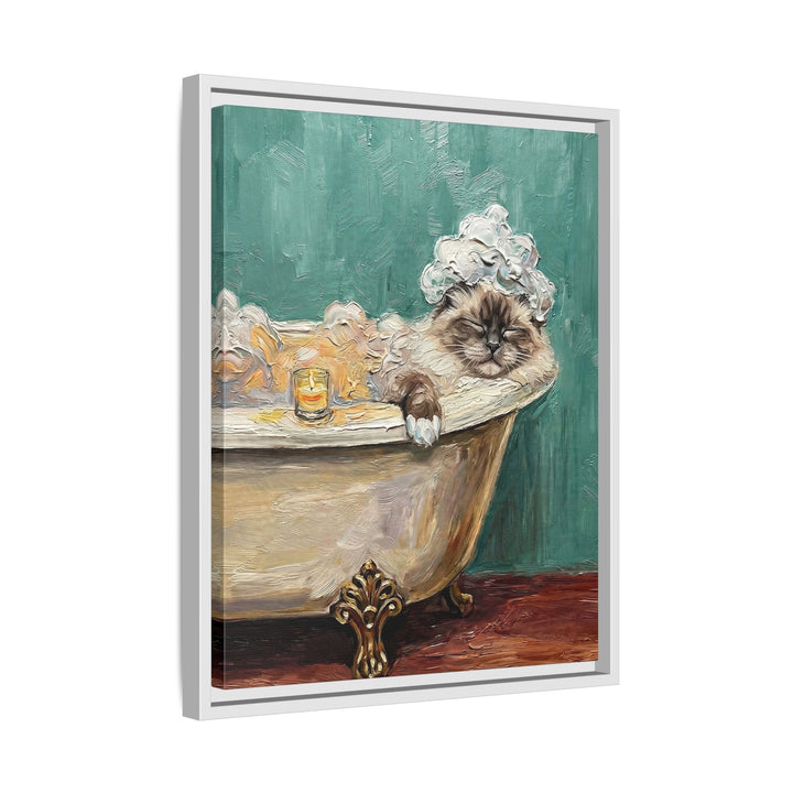 "Spa Day" - Fluffy Colorpoint Vertical Framed Canvas - Cat Lover Wall Art