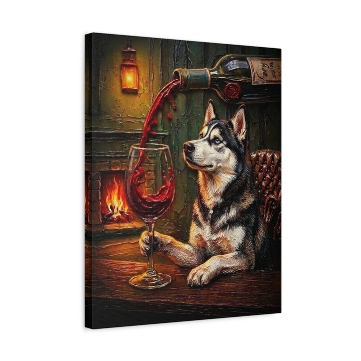 "Wine & Woof" - Husky Vertical Canvas - Dog Lover Wall Art