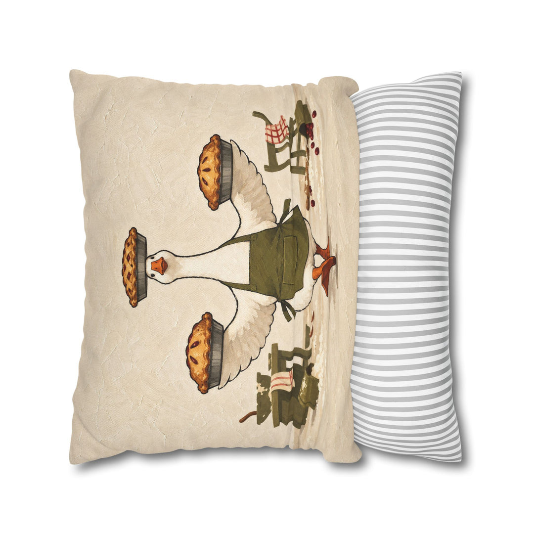 Hostess Goose – Goose Art with an Apron and Three Balanced Pies – Pillow / Cover