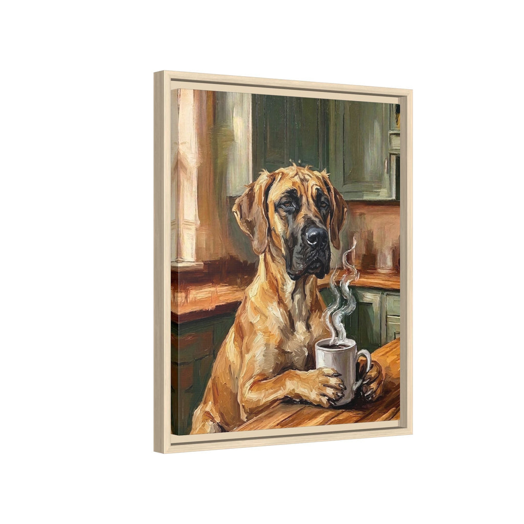 "Before Coffee" - Great Dane Vertical Framed Canvas - Dog Lover Wall Art