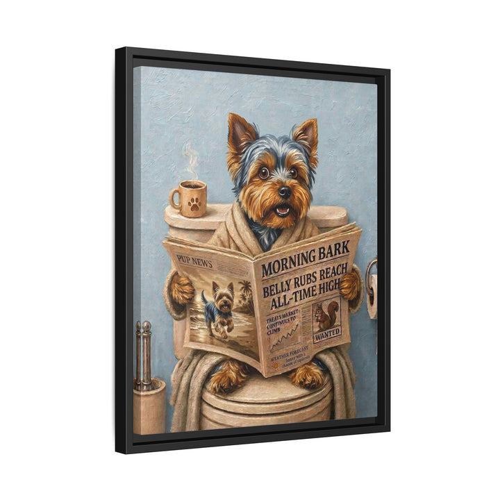 "Morning Business" - Yorkie Vertical Framed Canvas - Dog Lover Wall Art