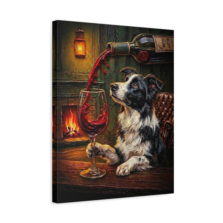 "Wine & Woof" - Border Collie Vertical Canvas - Dog Lover Wall Art