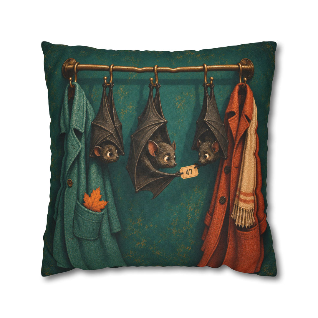 Bat Coat Check – Halloween Wall Art with Upside Down Guests on a Rack – Pillow / Cover