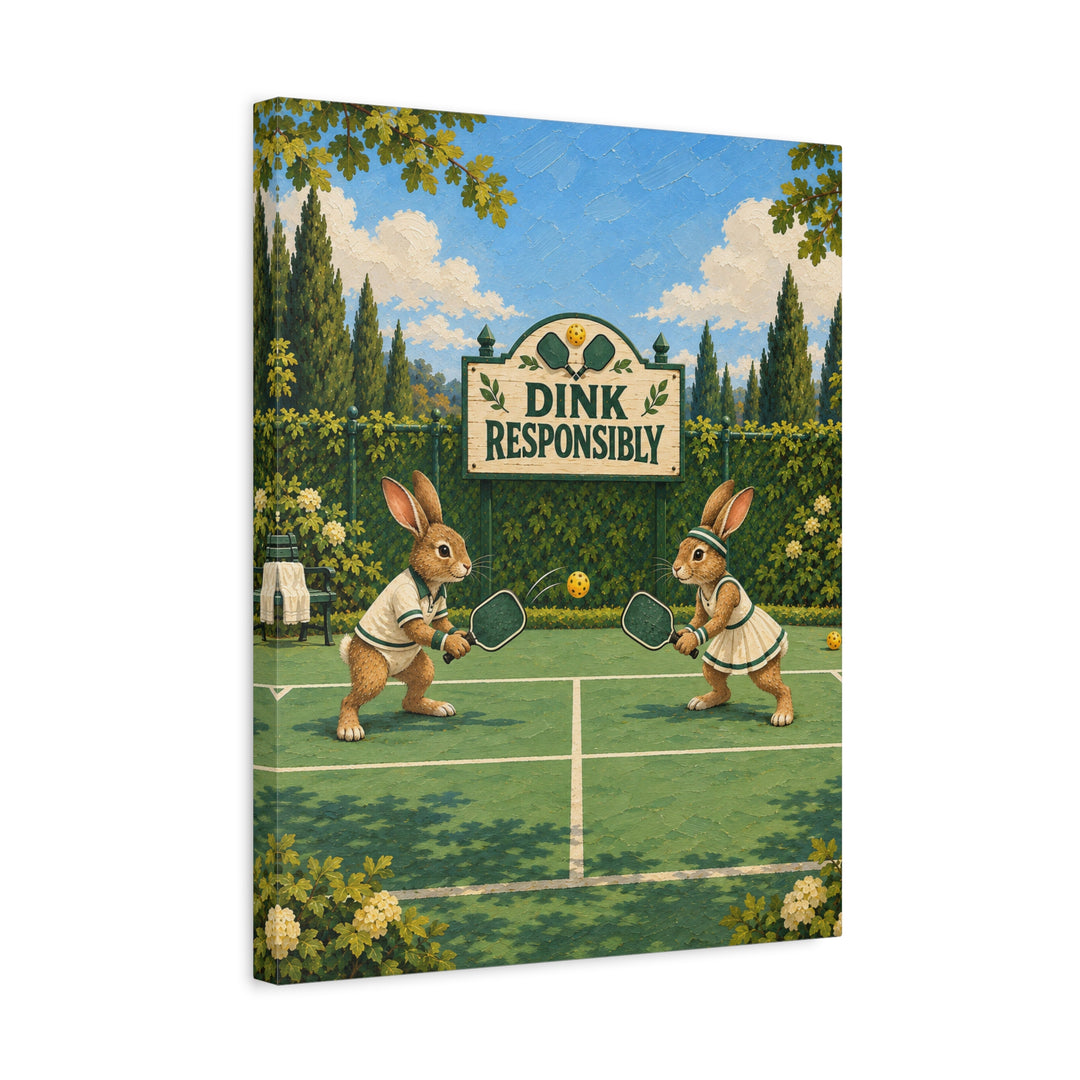 Dink Responsibly – Pickleball Art with Two Rabbits at the Kitchen Line – Canvas / Framed Canvas
