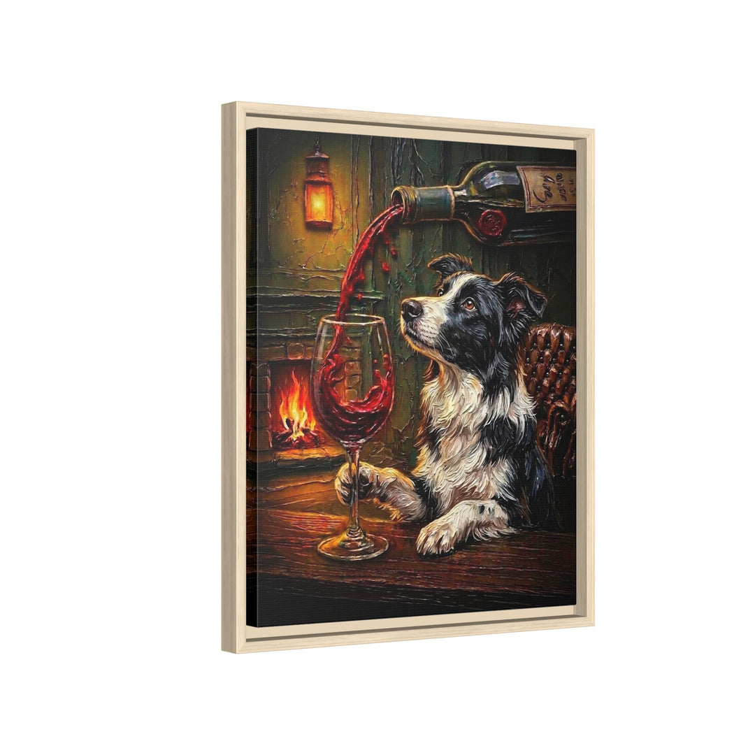 "Wine & Woof" - Border Collie Vertical Framed Canvas - Dog Lover Wall Art