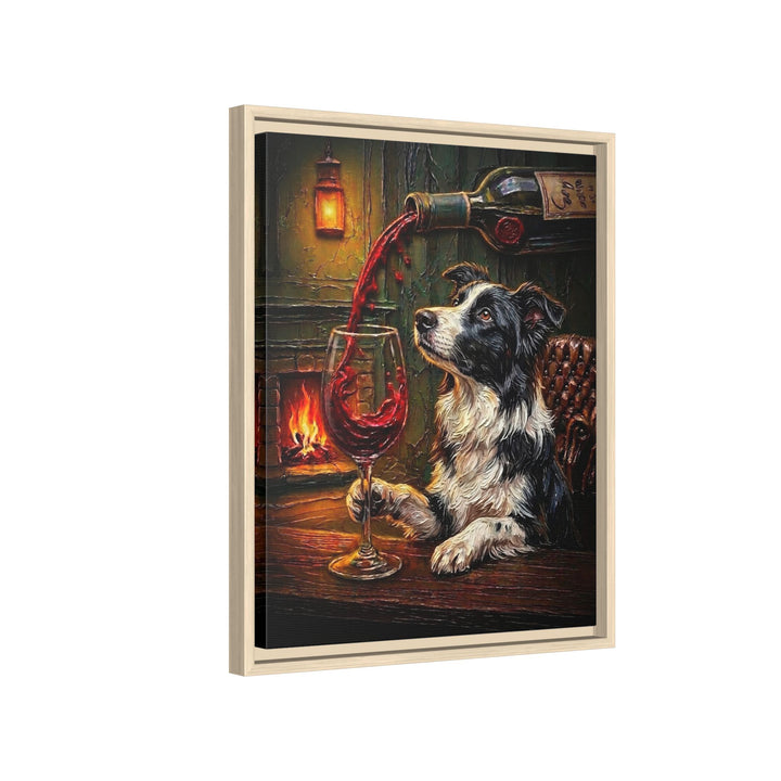 "Wine & Woof" - Border Collie Vertical Framed Canvas - Dog Lover Wall Art