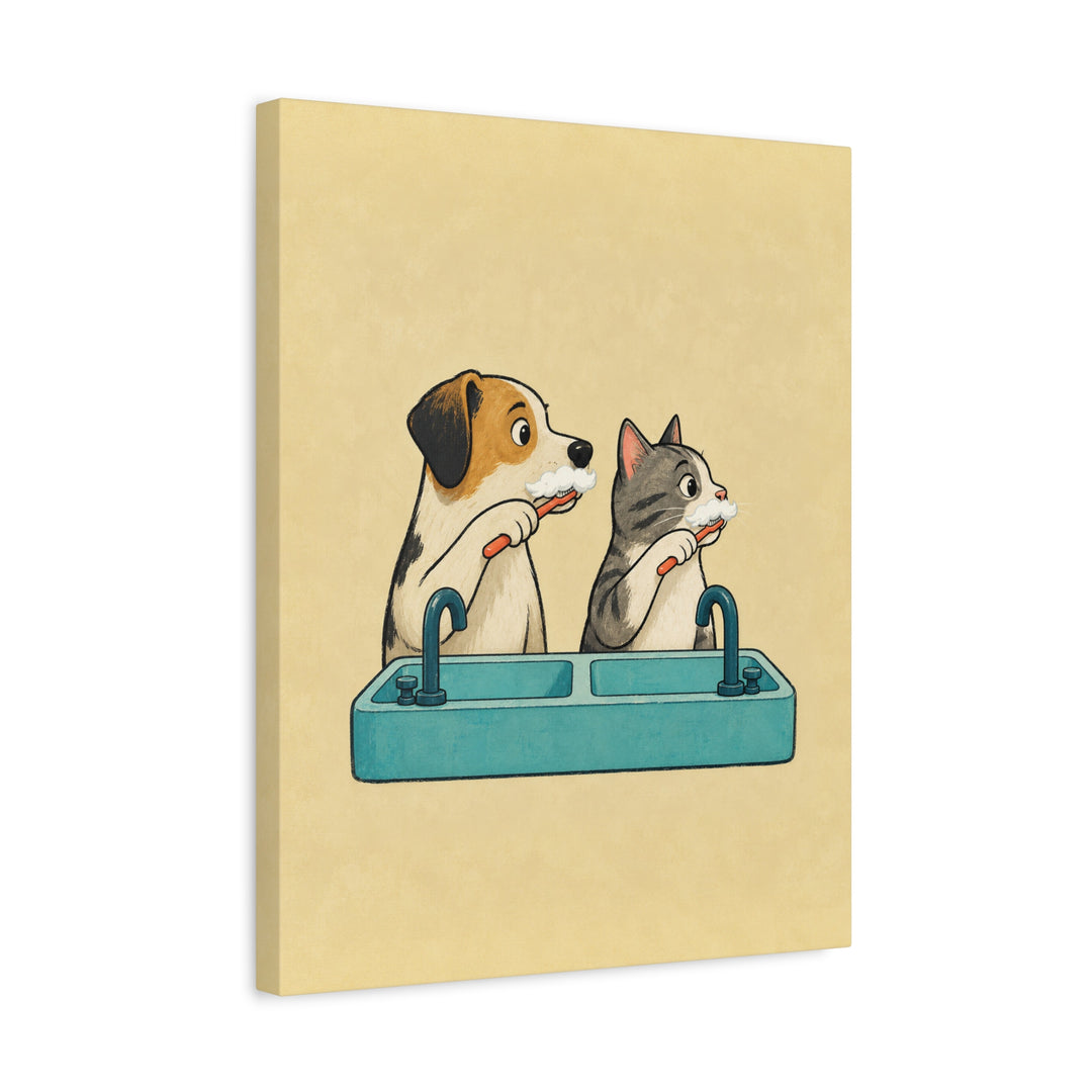Team Toothbrush – Funny Bathroom Art with a Dog and Cat at the Sink – Canvas / Framed Canvas