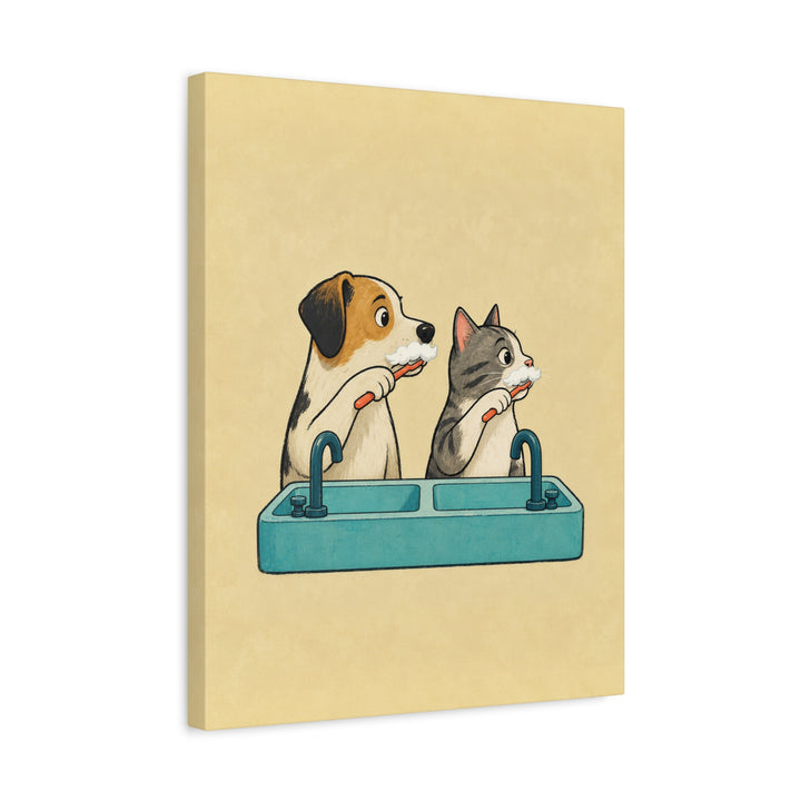 Team Toothbrush – Funny Bathroom Art with a Dog and Cat at the Sink – Canvas / Framed Canvas