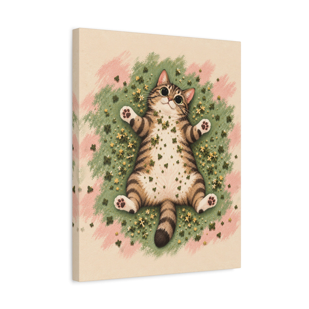 Catnip Aftermath – Funny Cat Art with a Sprawl and Dinner Plate Pupils – Canvas / Framed Canvas