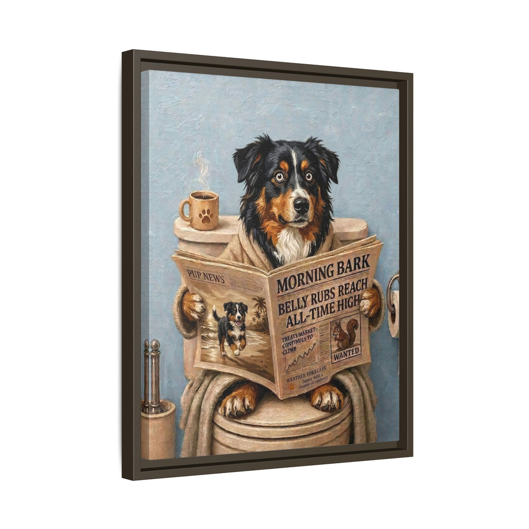 "Morning Business" - Australian Shepherd Vertical Framed Canvas - Dog Lover Wall Art