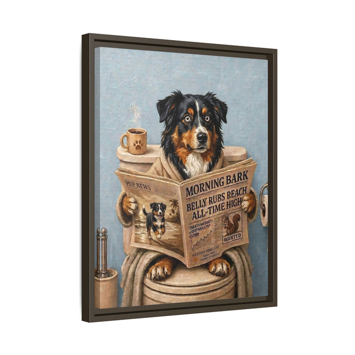 "Morning Business" - Australian Shepherd Vertical Framed Canvas - Dog Lover Wall Art