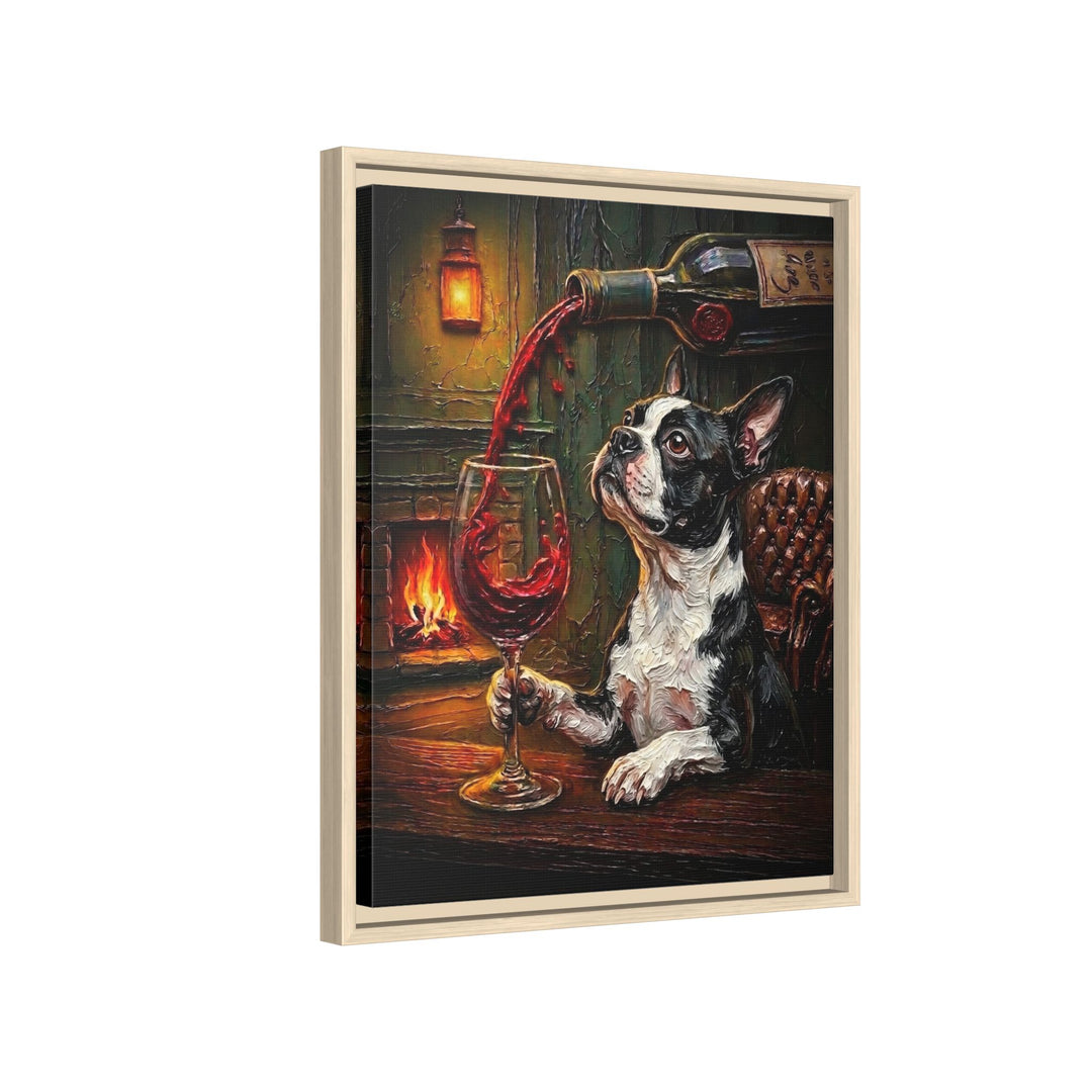 "Wine & Woof" - Boston Terrier Vertical Framed Canvas - Dog Lover Wall Art