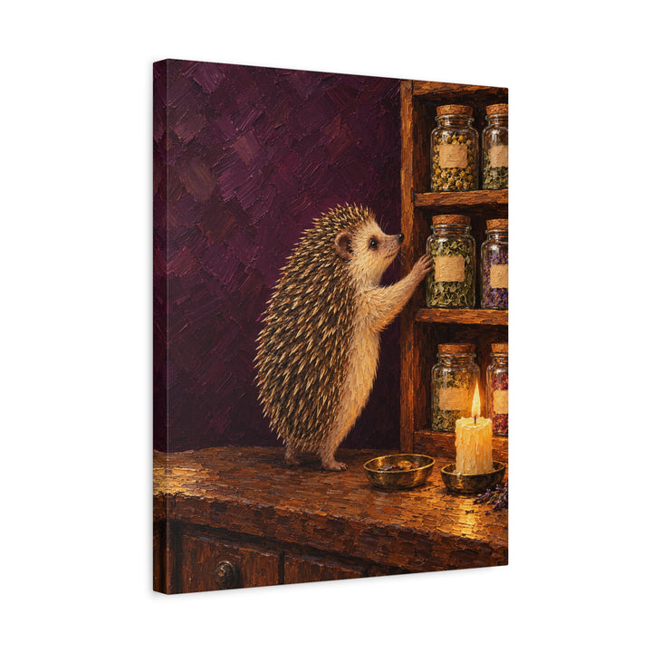 Herbal Apothecary – Witchy Wall Decor with a Hedgehog and Herb Jars – Canvas / Framed Canvas