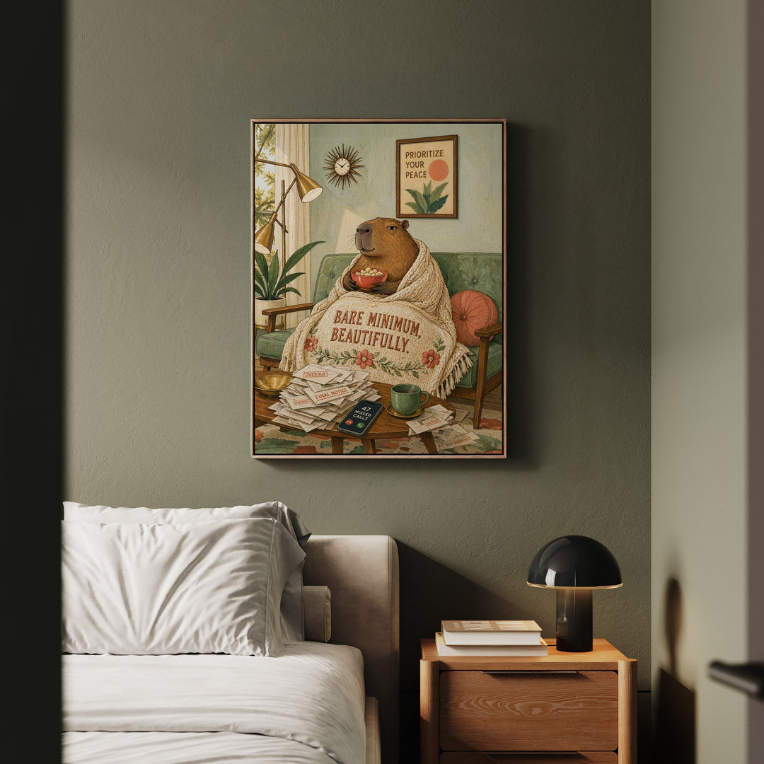 "Bare Minimum" - Capybara Vertical Framed Canvas - Dark Burnout Humor Wall Art