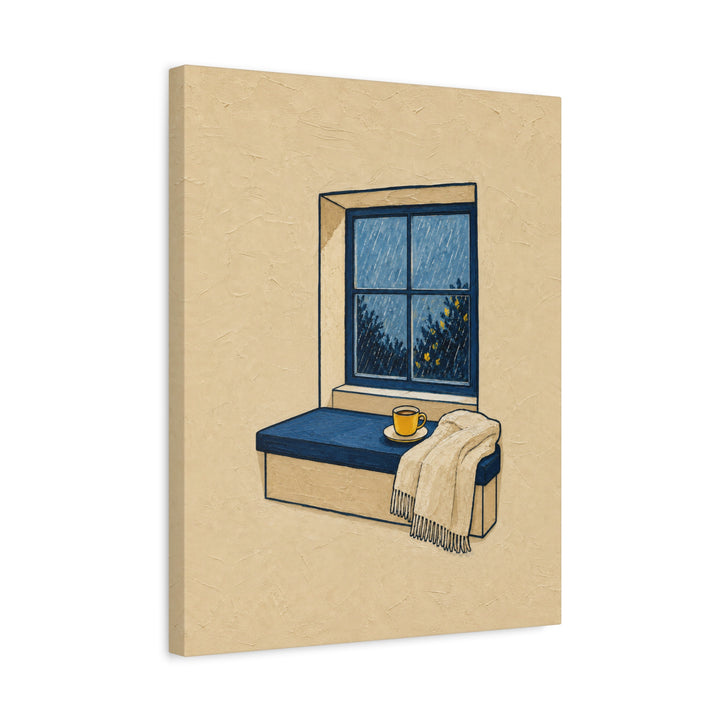 Window Seat: Rain – Window Wall Art with Tea and a Streaked View – Canvas / Framed Canvas