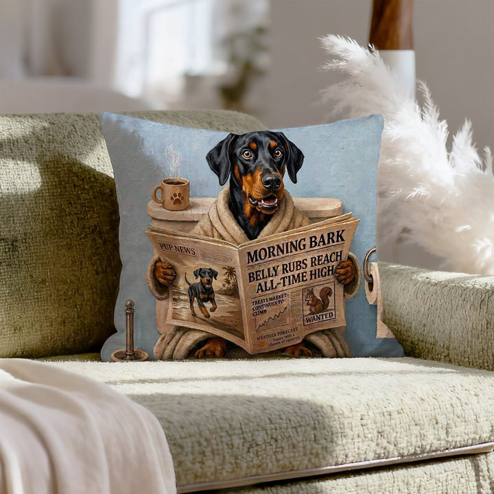 Doberman on the Toilet Funny Throw Pillow, Newspaper Reading Dog Pillow Cover, Gag Gift