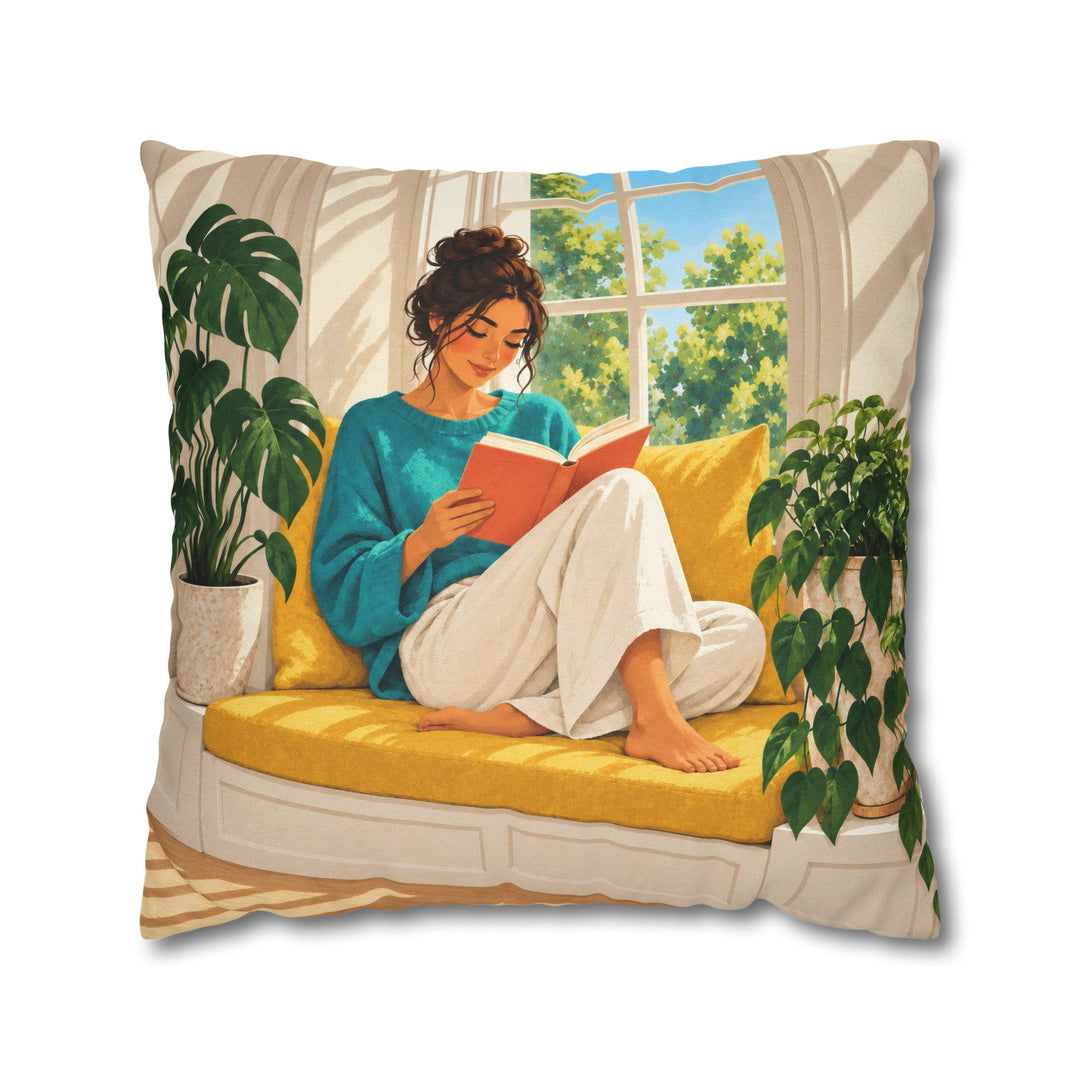 Woman Reading, Sunday – Reading Art with a Sunlit Yellow Window Seat – Pillow / Cover