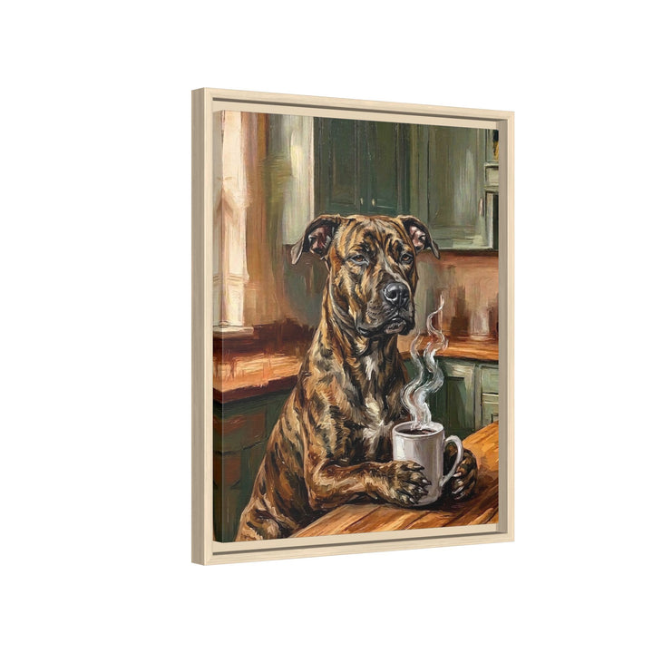 "Before Coffee" - Pit Bull Vertical Framed Canvas - Dog Lover Wall Art