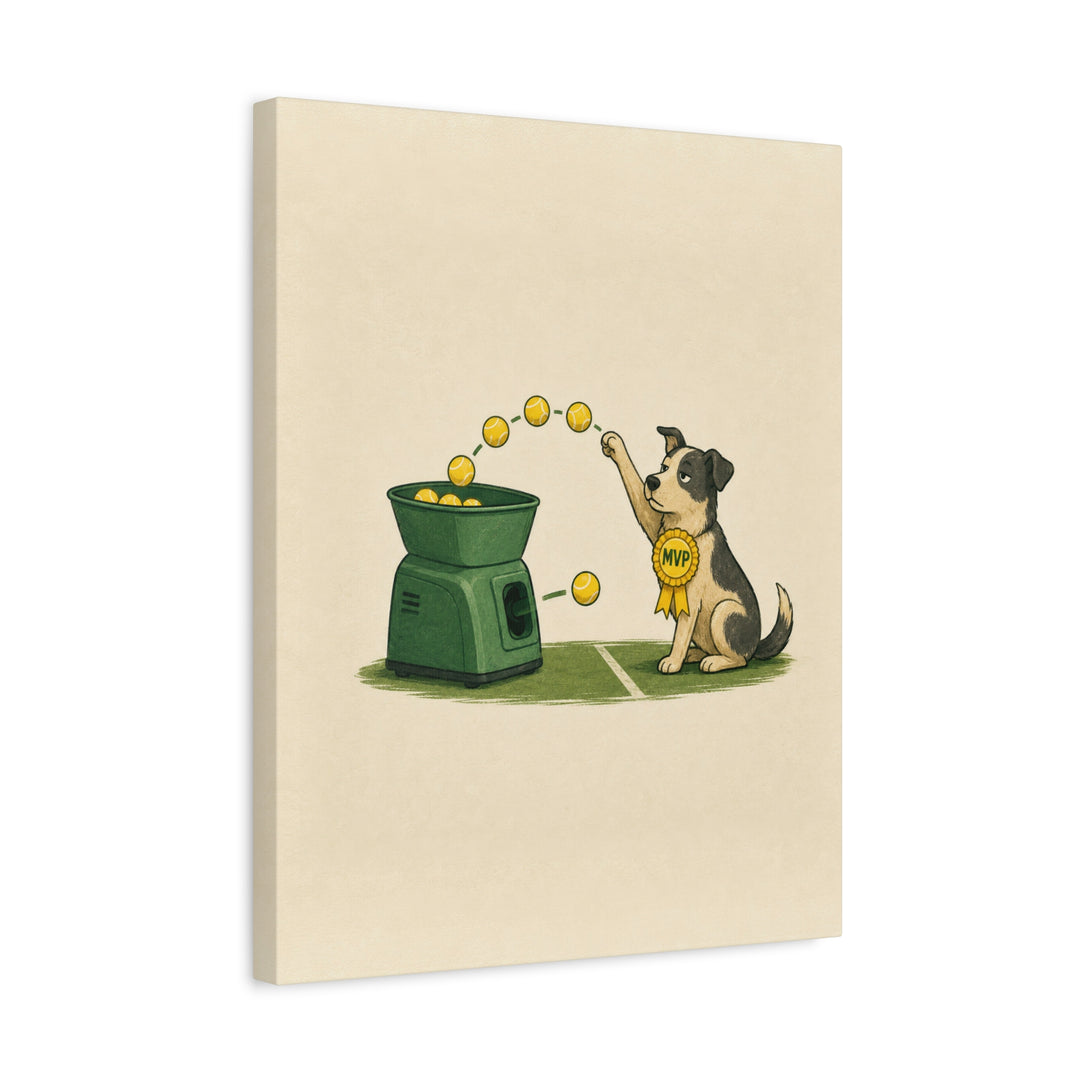 Ball Machine – Tennis Wall Art with a Dog Outpacing the Feeder – Canvas / Framed Canvas