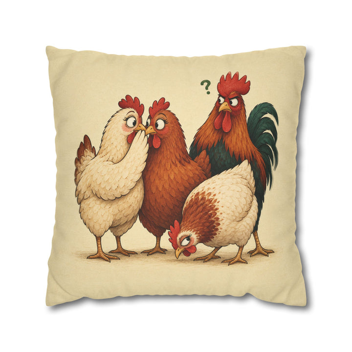 Coop Gossip – Chicken Wall Art with Two Hens and a Third Pretending – Pillow / Cover