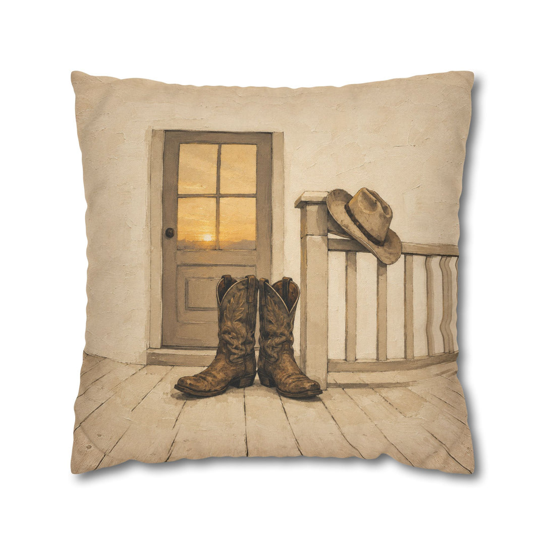 Boots Off The Porch – Western Wall Art with Worn Leather by the Door – Pillow / Cover