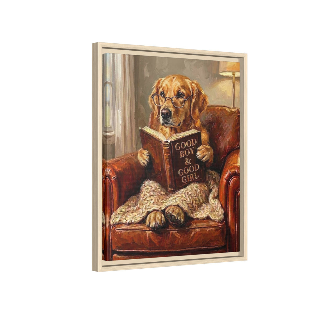 "Evening Read" - Golden Retriever Vertical Framed Canvas - Dog Lover Wall Art