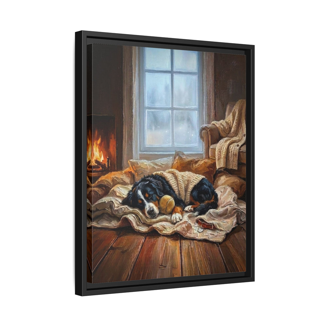 "Calm Memories" - Bernese Mountain Dog Vertical Framed Canvas - Dog Lover Wall Art