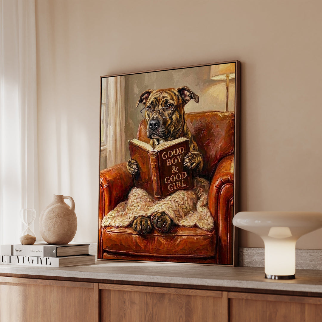 Pit Bull Evening Read Framed Canvas