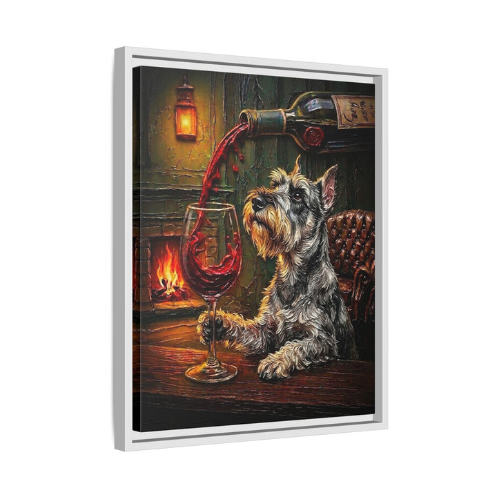 "Wine & Woof" - Schnauzer Vertical Framed Canvas - Dog Lover Wall Art
