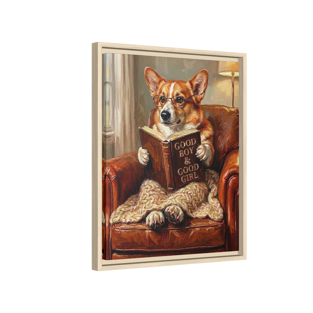 "Evening Read" - Corgi Vertical Framed Canvas - Dog Lover Wall Art