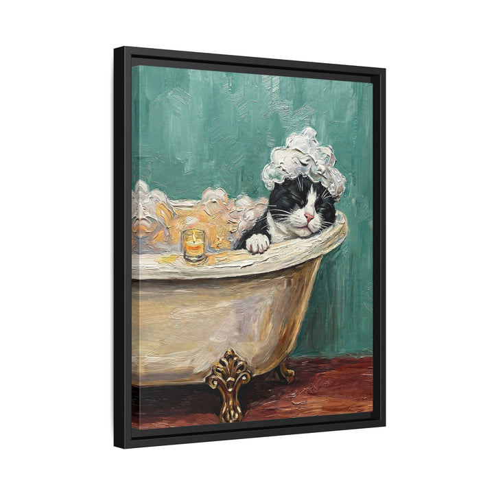 "Spa Day" - Tuxedo Vertical Framed Canvas - Cat Lover Wall Art