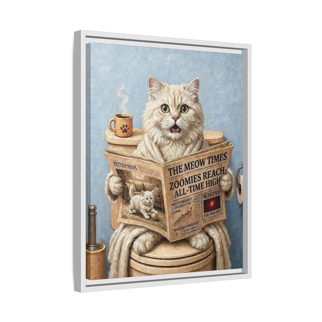 "Morning Business" - Fluffy White Cream Longhair Vertical Framed Canvas - Cat Lover Wall Art